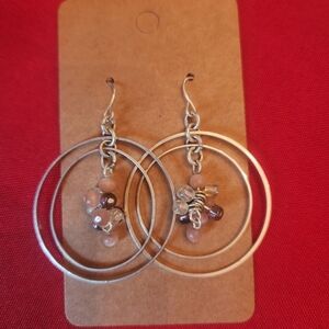 Silver Double Hoop Earrings with Pink Beads